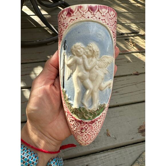 Vintage Ceramic Cherub Angel Wall Pocket Vase 6.5 pink blue Made in Japan - Picture 8 of 14